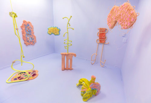 Danni O’Brien, “Tongue Puddles”. 2019, 11’ x 15’ x 10, mixed media sculptural installation; found objects, hand-tied latch hook rugs, glazed ceramics, homemade paper pulp. Courtesy of the artist.