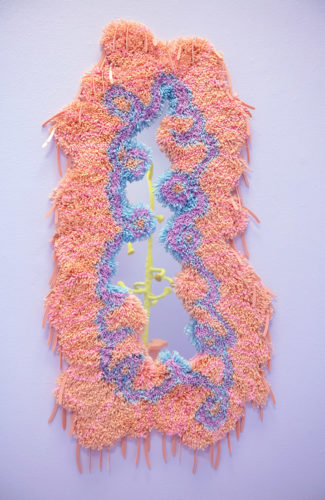 Danni O’Brien, “Wiggle Scribble”. 2019. hand-tied latch hook rug, dried gourd, found plastic, homemade paper pulp, glazed ceramics. 48” x 22” x4”. Courtesy of the artist
