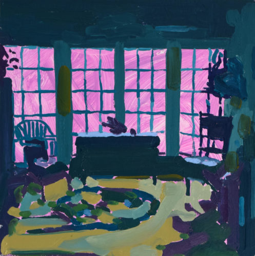 Tessa G. O'Brien, "Green Room", 2020, oil on panel, 14 x 14 in. Courtesy of Elizabeth Moss Galleries