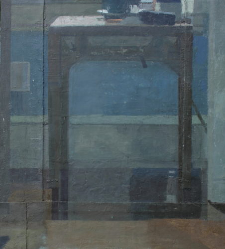 Laura Vahlberg, "Sewing Table", 2019, Oil on 5 Pieces of Canvas, 18.25" x 16.5", Courtesy of Catherine Cope