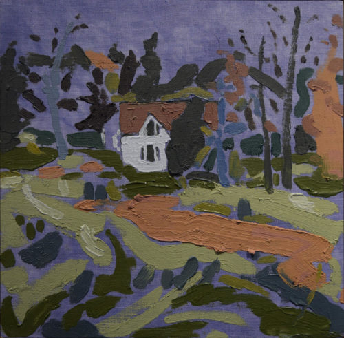 Tessa G. O’Brien, "Perry Barn, Dusk," 2019, oil on dyed linen, 10" x 10" Courtesy of Elizabeth Moss Galleries