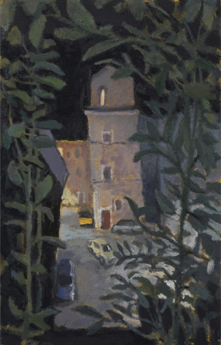 Alex Cohen, "Piazza Quintana", 2019, oil on mounted museum board, 11"x17", Courtesy of the Artist.