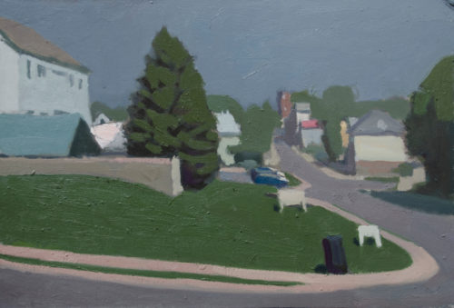 Alex Cohen, "View From Wendy’s", 2019, oil on board, 9"x14", Courtesy of the Artist.